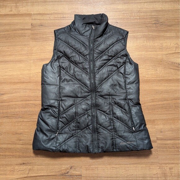 Eddie Bauer Premium Goose Down Vest Women’s Small Black Full Zip Puffer Pocket - Picture 1 of 9